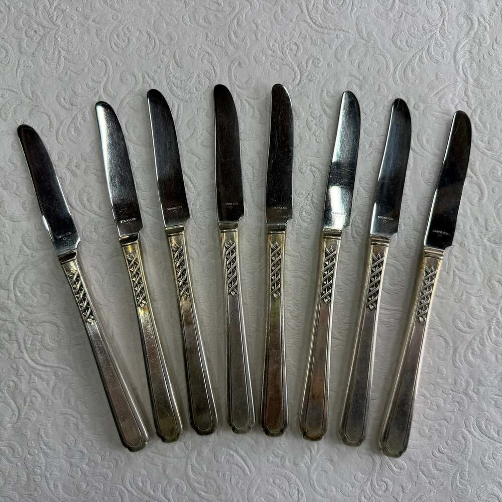 Vintage SL&GH Rogers A1+ Oneida Silverplate stainless dinner knives 8 Carnival *
